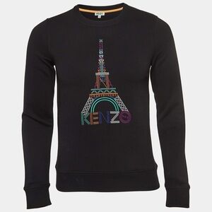 Kenzo Black Eiffel Embroidered Cotton Knit Crew Neck Sweatshirt